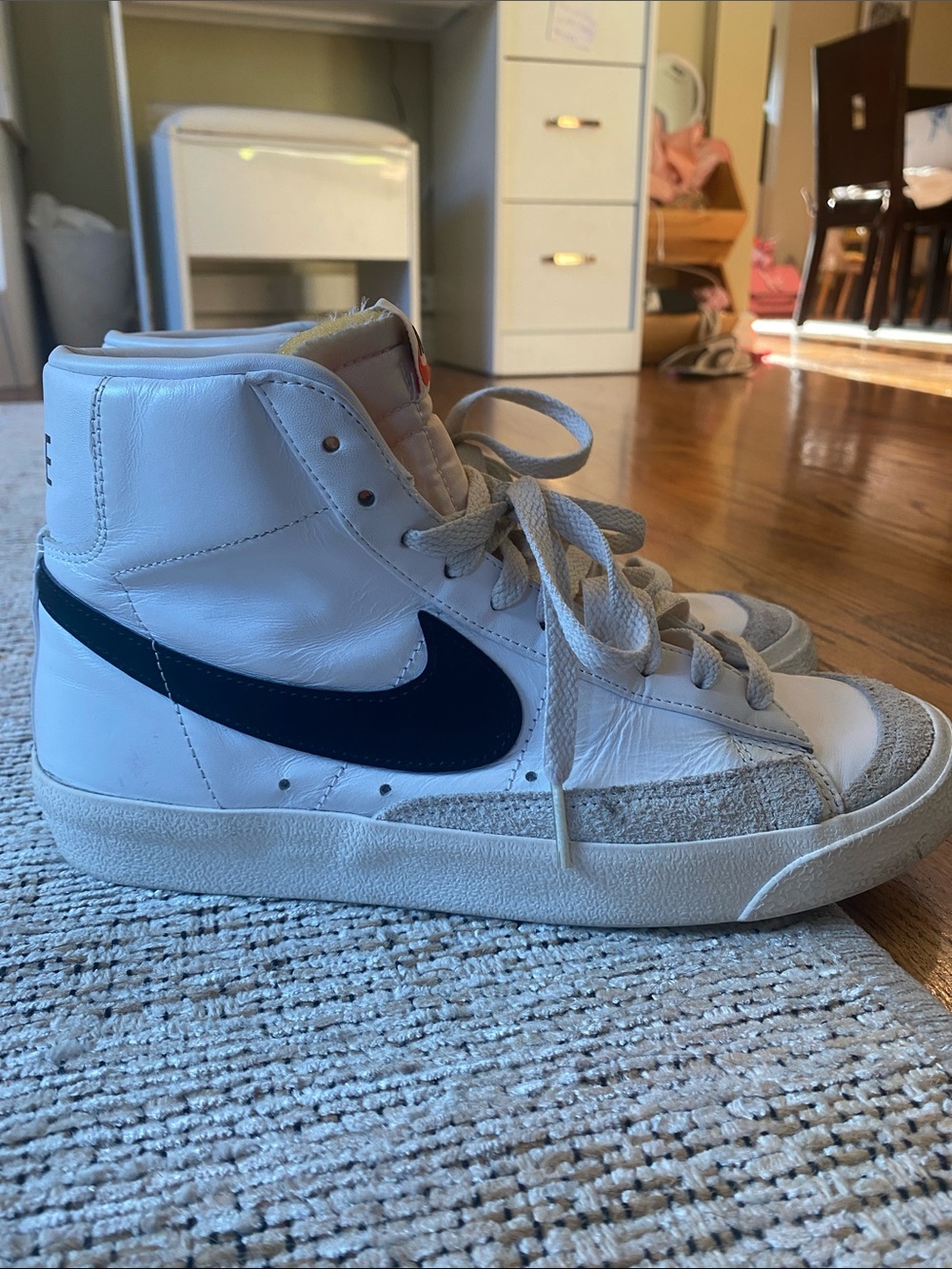 Nike White High-Top Sneakers with Black High top Blazers.